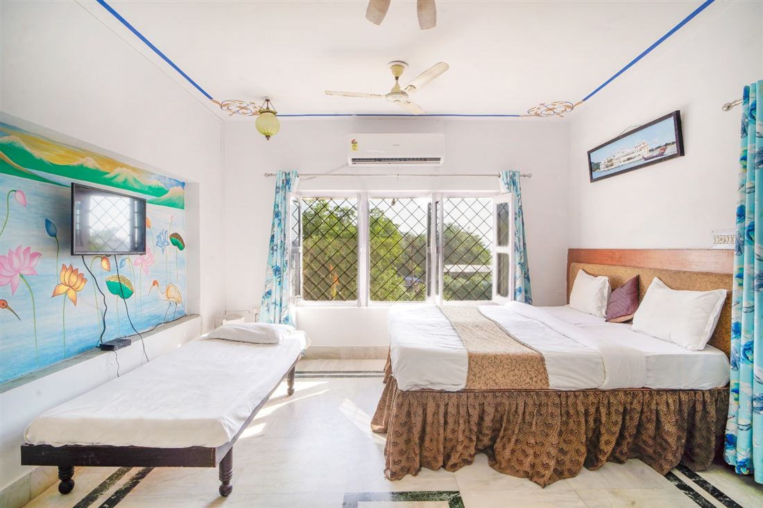 Family room with a hand-painted mural wall