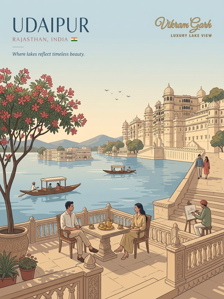 Illustrated Udaipur travel postcard with the Vikram Garh Lakeview wordmark